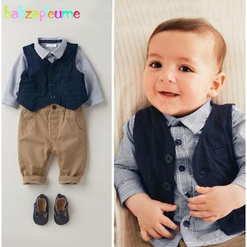 3PCS/0-18Months/Spring Autumn Newborn Clothing Sets Gentleman Infant Suit Blue Plaid T-shirt+Pants+Vest Baby Boys Clothes BC1060