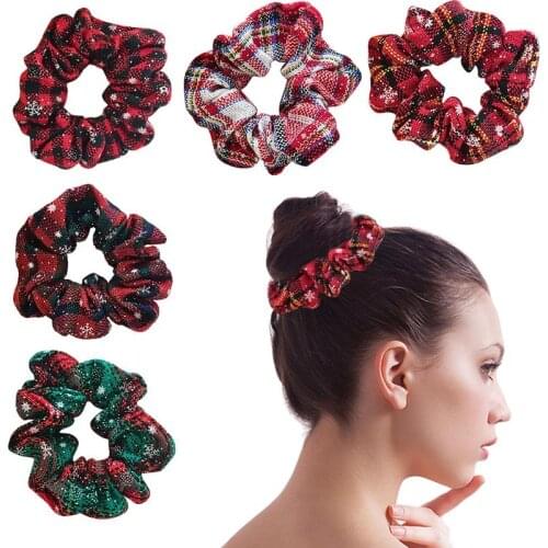 5pcs Fashion Christmas Hair Scrunchie Elastic Hair Bands Plaid Snowflake Women Girls Headwear Ponytail Holder Hair Accessories