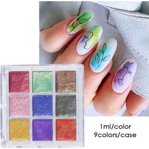 Watercolor Nail Solid Pigment Metallic Paint Draw Chrome Glitter Powder 9 Grids Manicure Charming Glitter Blooming Solid Powder