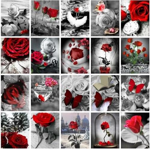 Diy 5D Diamond Art Painting Black and Red Style Artwork Flower Rose Full Square Round Drill Embroidery Cross Stitch Home Decor