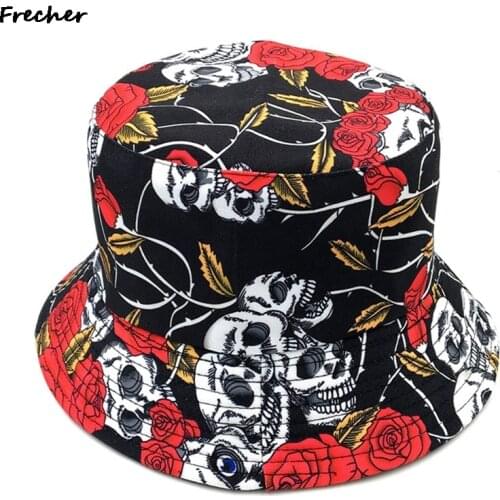 2021 Double-sided fisherman Hat Women Men Hip Hop rose skull print Cap Panama Bucket Hat Sun Flat Top Fisherman Hats Caps