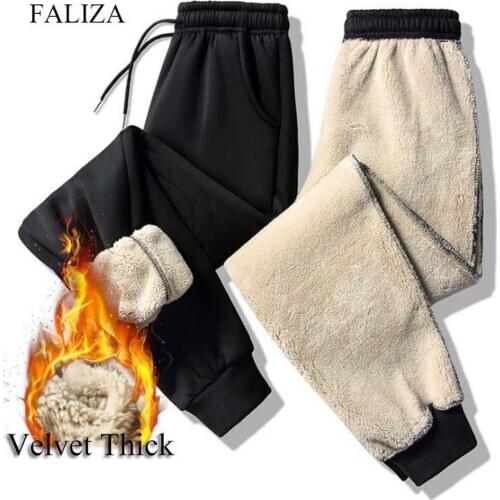FALIZA New Thick Fleece Jogger Mens Pants Winter Cotton Trousers Lambskin Cashmere Mens Sweatpants Warm Male Casual Pants PA56