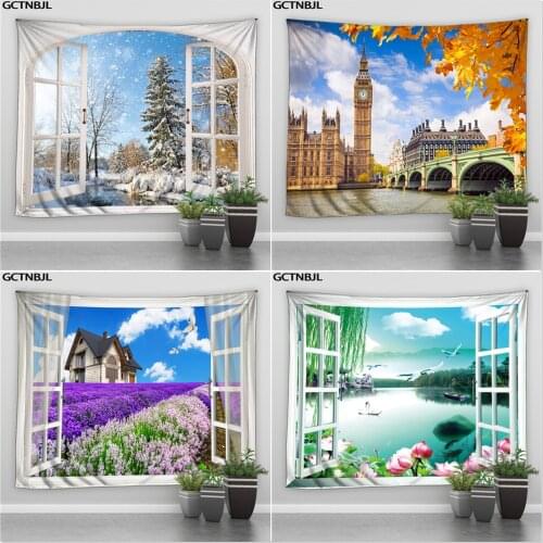 Landscape Tapestry Window Lake Natural Scenery Winter Forest London Big Ben Wall Hanging Tapestries Boho Carpet Bedroom Blanket