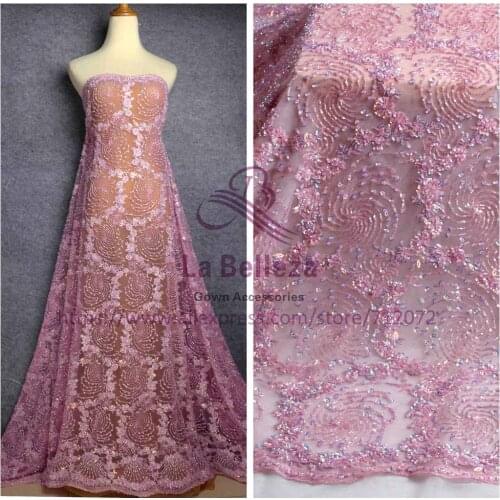 La Belleza New 1 yard super heavy handmde beaded baby pink evening dress lace fabric 47" width