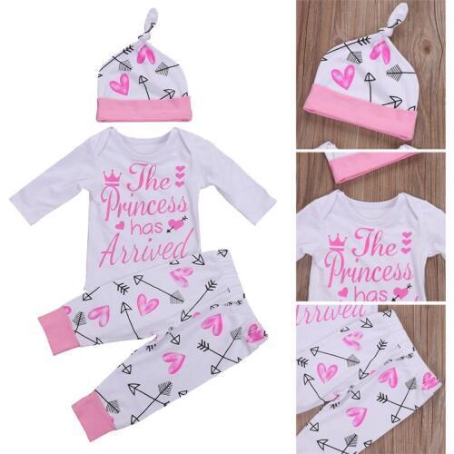 Summer Newborn Infant Baby Girls Clothes Playsuit Long Sleeve Print Romper+Long Pants+Hat Outfit Clothes Set