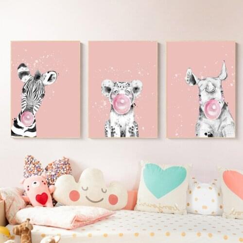 Cute Pink Bubble Gum Animal Zebra Rhinoceros Tiger Canvas Art Abstract Painting Prints and Posters Pictures Wall Home Decoration