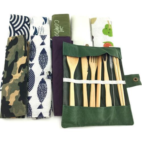 7Pcs/Set Bamboo Utensil Travel Cutlery Set Zero Waste Portable Toothbrush Knives Spoon Fork With Portable Bag For Kitchen