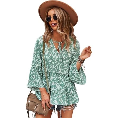 Womens 2021 New Oversized Lace Up V Neck Long Sleeve Pinted Blouses For Ladies Casual All Match Tops