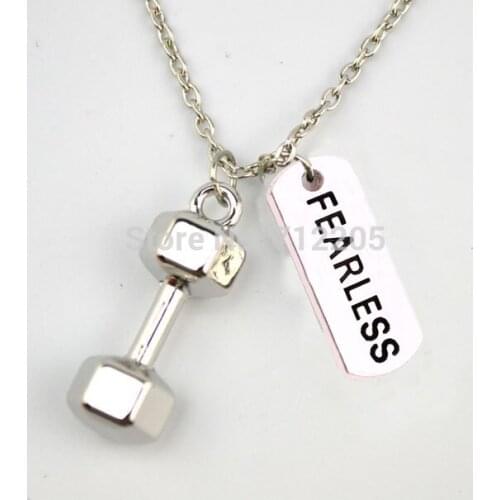 New product Fitness Weightlifting jewelry Large Dumbbell barbell with FEARLESS sports necklace