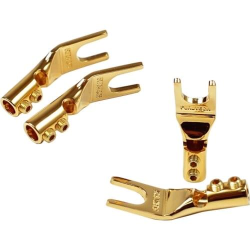 Original FURUTECH FP 201 rhodium-plated gold-plated speaker wire Y-fork plugs in a box of 4