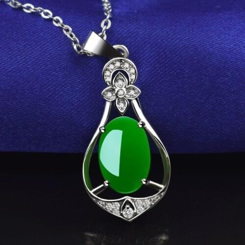 Natural Green Jade Chalcedony Water Drop Agate Pendant 925 Silver Necklace Chinese Carved Fashion Charm Jewelry Amulet for Women