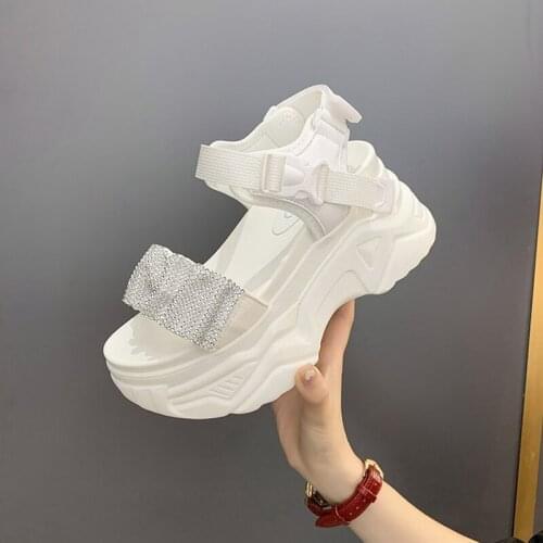 Casual Pleated Crystal Womens Sandals Sneakers On Platform Ankle Straps Slingback Summer Round Toe Shoes For Outdoor Beach