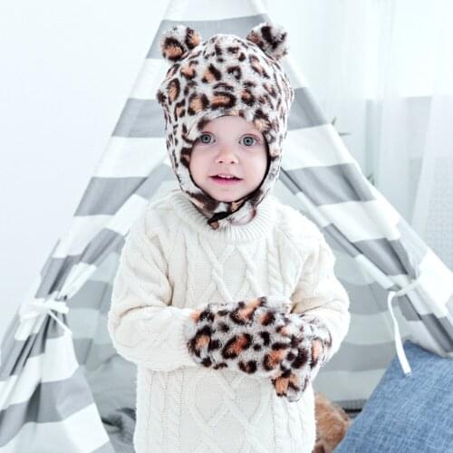 New Winter Baby Hat Gloves Leopard Faux Fur Infant Bonnet Kids Hats Caps with Earflap Baby Beanie Children Cap for Girl Boy 1-4Y