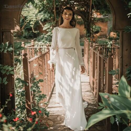 Long Sleeve Backless Wedding Dresses Chiffon Lace Edge Elegant Bridal Gowns Fahion France Spain Vestido De Noivas DW435