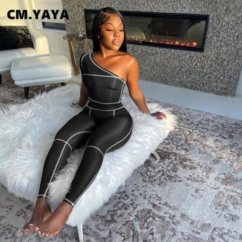 CM.YAYA Women Set Solid One Shoulder Short Sleeve Skew Collar Tops Pencil Pants Two 2 Piece Set Active Tracksuit Summer Outfits