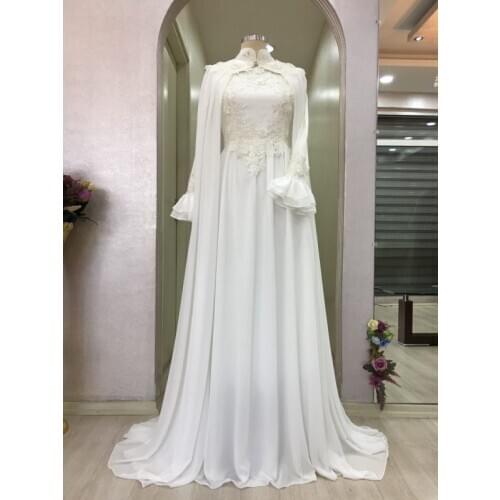 2021 Chiffon Appliques Muslim Wedding Dresses for Bride with Cape A Line Long Sleeve Moroccan Caftan Wedding Bridal Gowns