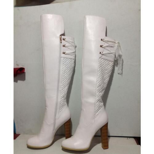 New White Embossed Leather Knee High Boots Ribbons Bowtie Wooden Grain High Heels Ladies Dress Matched Chunky Heels Knight Botas