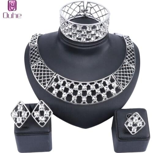 Women Dubai Brand Silver Color Crystal Bridal Accessories Nigerian Wedding Necklace Earring Ring Bangle Jewelry Set