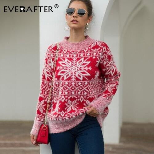 EVERAFTER Knitted women Christmas sweater snowflake Autumn winter long sleeve loose pullover streetwear Chic ladies top jumper