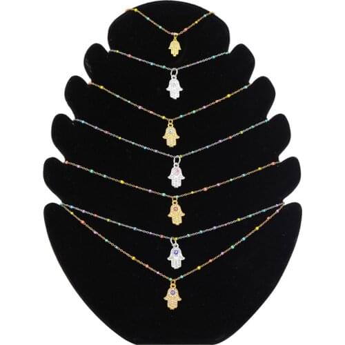 Trendy Gold Turkey Blue Eye Hamsa Hands Fatima Palm CZ Necklac For Women Copper Chain Palm Statement Jewelry for Women