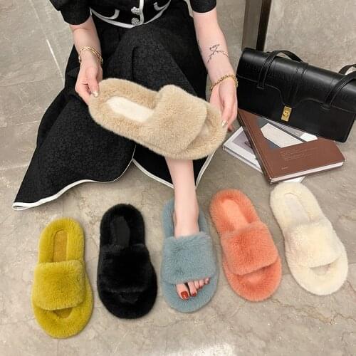 Winter Women House Furry Slippers Fashion Faux Fur Warm Shoes Women Slip on Flats Female Home Slides Black Plush Outdoor Shoes