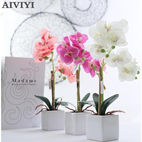 2 Fork Orchid Small Square Ceramic Basin Artificial Flower Phalaenopsis Potted Wedding Artificial Flower Silk Home Decor Indoor