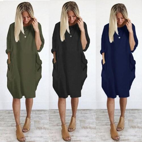 2021 Women Dress Fashion Casual Solid Color O Neck Long Sleeve Pockets Knee-length Baggy Dress Mini Dresses Bodycon Solid Dress