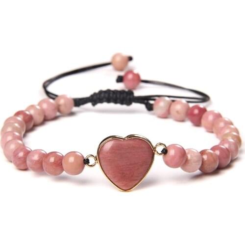 6 mm Natural Rhodochrosite Bracelets Men Black Rope Adjustable Braid Jewelry Women Heart Shape Charm Bangle Reiki Stone Craft