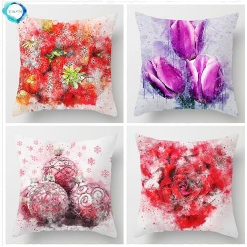 Flower Plant Strawberry Throw Pillow Cushion Cover Polyester Sofa Cushion Pillow Case for Room Decoration Christmas Gift