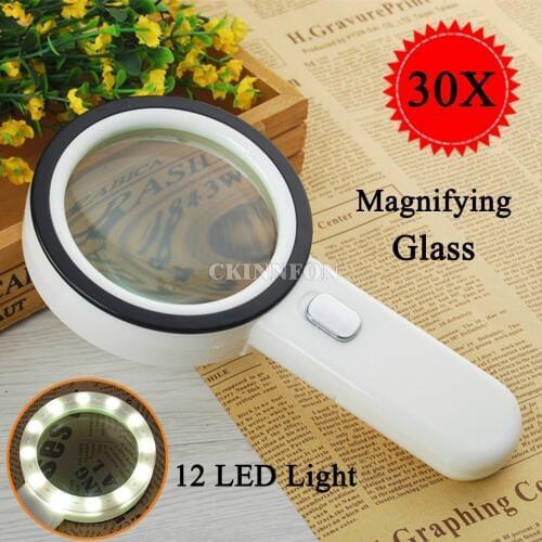 DHL 100PCS CKINNFON 30X LED Light Magnifying Glass Magnifier White Handheld Reading Jeweler Loupe Loop with 12 LED No Battery