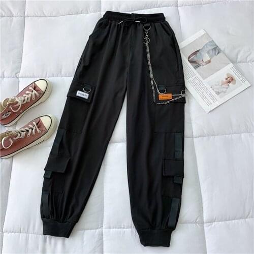 Harajuku Cargo Pants Women 2021 High Waist Black Harem Pants With Chain Vintage Plus Size Hip Hop Trousers Pantalon Femme