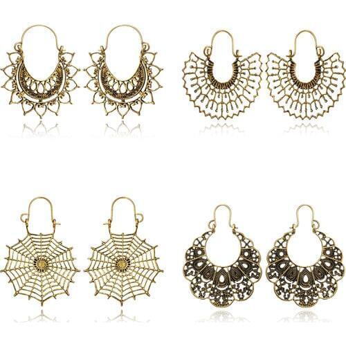 HuaTang Geometric Spider Web Pendant Drop Earrings Bohemian Hollow Flower Earring for Women Dangle Earring Jewelry Accessories