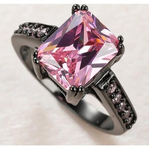 Luxury Female Pink Crystal Stone Ring Charm 14KT Black Gold Wedding Rings For Women Cute Bride Square Zircon Engagement Ring