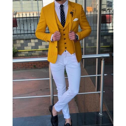 ANNIEBRITNEY Yellow Men Suits for Wedding 2021 Set Custom Made Slim fit Blazer with Pants Groom Suits Tuxedo Jacket Mens Suits