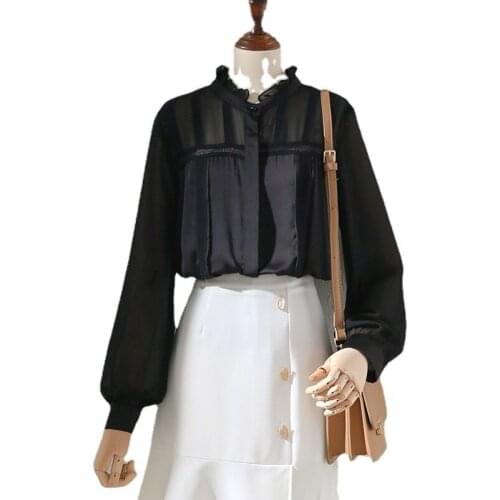 Lightweight Chiffon Black Women Shirts Summer New Design 2021 Ruffles Lace Patchwork Elegant Office Lady Outwear Tops