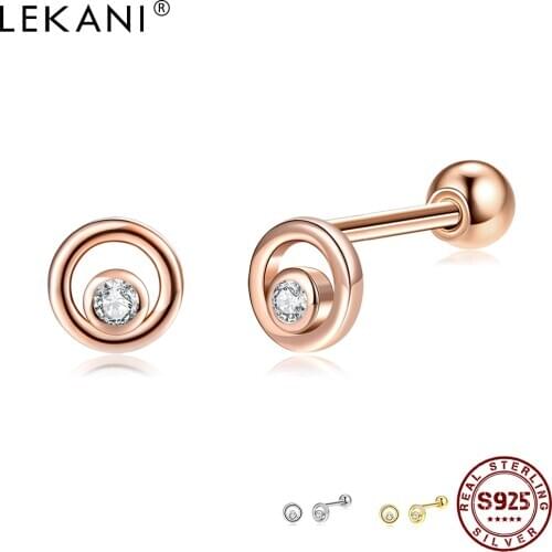 LEKANI Round 925 Sterling Silver Stud Earrings For Women Clear Cubic Zirconia Small Earring Anniversary Fine Jewelry Recommend