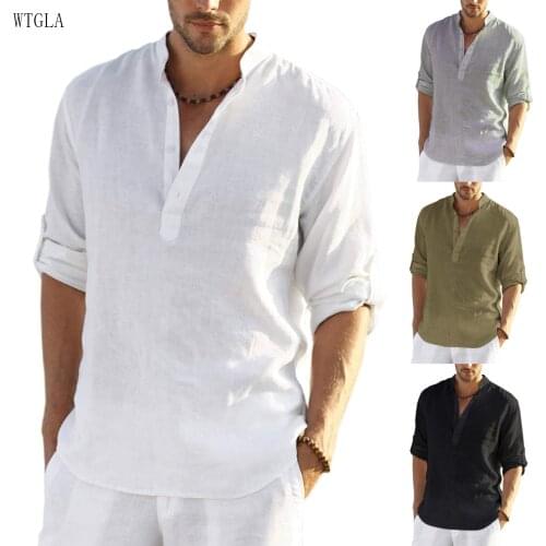 Linen Breathable Long-sleeved Shirts Man Casual Button Shirt Collarless Standing Collar Summer Top Vintage Hawaiian Clothes