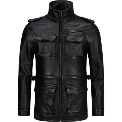 Head Layer Cowhide Mens Genuine Leather Jacket Mid-Length Leather Jacket Motorcycle Cowhide Coat Multi-Pocket Leather Jacket