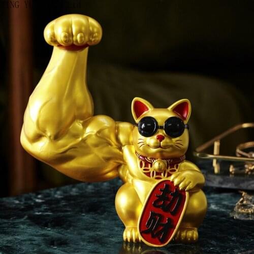 Muscle Arm Lucky Cat Ornaments Golden Resin Crafts Living Room Cute Animal Small Decoration Gift Creative Modern Home Decoration