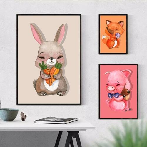 Nordic Modern Cartoon Nursery Animal Rabbit Fox Pig Childrens House Decoration Kids Room Kindergarten Girls Canvas Wall Art