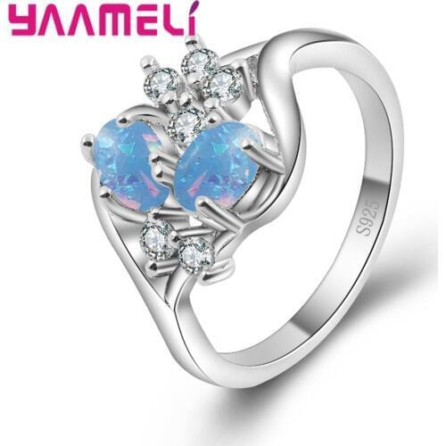 Luxury 925 Sterling Silver Shining Ring Colorful Oval Opal Ring Fashion Jewelry Inlay Rhinestone Wedding Rings For Women