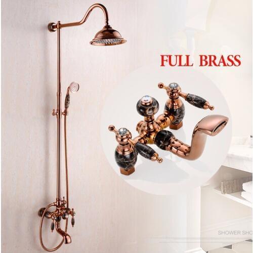 Shower Faucets New Marble Golden Bath Shower Set Brass Wall Mounted 8" Rain Shower & Handshower Faucet Set for Bath OG