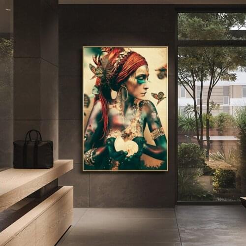 Modern Color Wall Art Canvas Painting Poster Print Anime Retro African Woman Butterfly Watercolor Picture Living Girl Room Decor