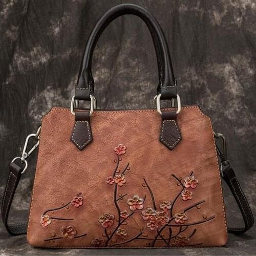 Women Retro Floral Design Handbags Crossbody Bags for Women Genuine Leather Shoulder Messenger Bags Vintage Totes Ladies Bag