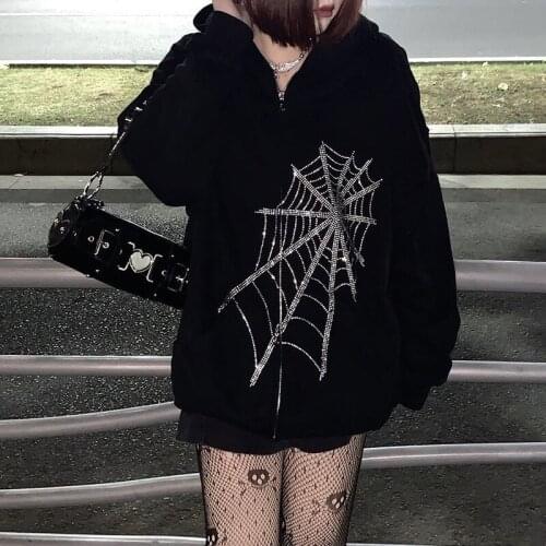 Harajuku Emo Hoodies Spider Web Loose Jacket Vintage Black Sweatshirts Gothic Punk Clothes Teen Rhinestone Zipper Oversized Top