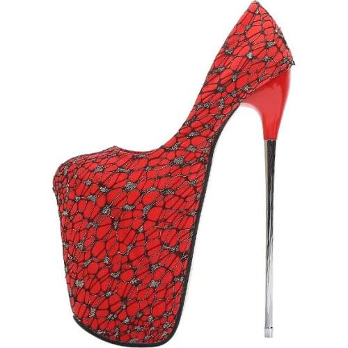 Spring 2021 Europe and America Cross Border AliExpress 22cm Lace Green High Heels Metal Stiletto plus Size 50 Size Womens Shoes