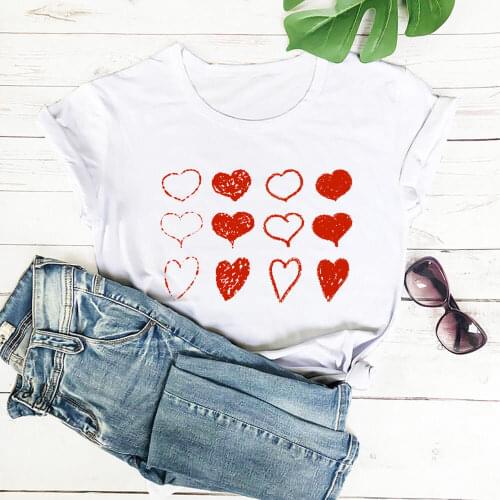 Heart Graphic Print 100%Cotton Women T Shirt Women Funny Summer Casual Short Sleeve Top Valentines Day Shirt Girls Weekend Tee