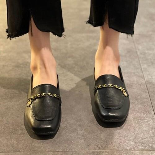 Women Loafers 2021 New Fashion Square Toe Chain Slip on Shoes Leather Flats Low heels Casual Shoes Black Loafer Slipper 9300L