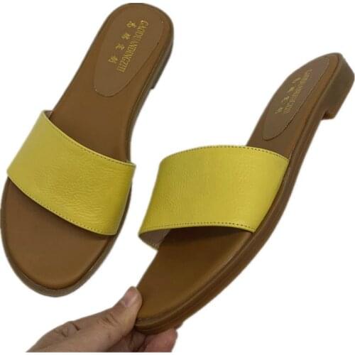 100% cow leather Women Slippers flats Sandals Women Slippers Flat Heel Casual Ladies Shoes Outdoor Female Slides size 41 42 43