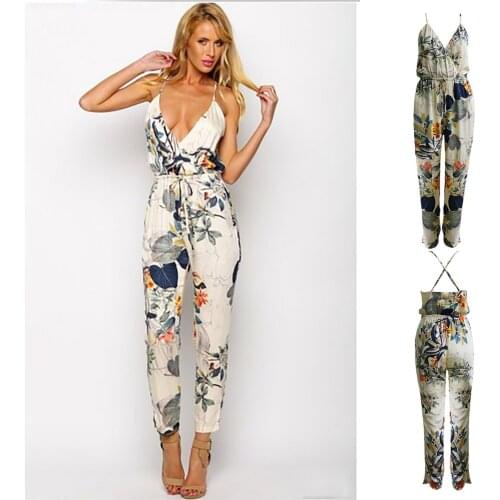 2021 Summer Women Sexy V-NeckOpen Back Sleeveless Sling Print Long Pants Jumpsuits Casual Long Trousers Overalls Romper Jumpsuit